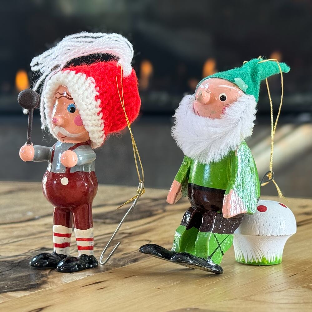 Vtg 1960 Christmas Elf Gnome Mushroom Toy Maker Wood Ornaments Set of 2 Taiwan